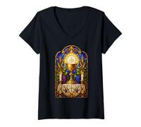Mujer Cáliz Y Eucaristía Gótico Católico Mosaico Arte Arte Camiseta Cuello V