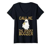 Mujer Call Me The Spooky Boozer Cute Ghost Drinking Beer Halloween Camiseta Cuello V