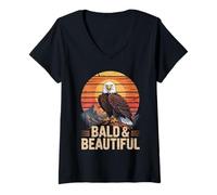 Mujer Calvo y hermoso divertido águila calva juego de palabras vintage Sunset Patriot Camiseta Cuello V