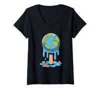 Mujer Cambio Climático Tierra Derretida Planeta Global Camiseta Cuello V