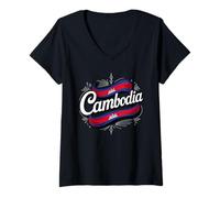 Mujer Cambodia Flag Angkor Wat Khmer Heritage Travel Camiseta Cuello V