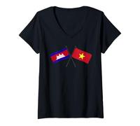 Mujer Camboya Vietnam Banderas Cruzadas Vietnamita Camboyana Camiseta Cuello V
