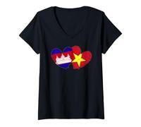 Mujer Camboya Vietnam Corazón Banderas Camboyano Vietnamita Amor Orgullo Camiseta Cuello V