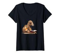 Mujer Camel está Leyendo un Libro, Leyendo Camello Camiseta Cuello V