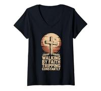 Mujer Caminando por la fe tropezando constantemente cruz cristiana Camiseta Cuello V