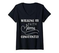Mujer Caminando por la fe tropezando constantemente cruz cristiana Camiseta Cuello V