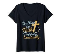 Mujer Caminando por la fe tropezando constantemente cruz cristiana Camiseta Cuello V