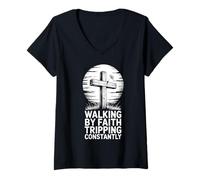Mujer Caminando por la fe tropezando constantemente cruz cristiana Camiseta Cuello V