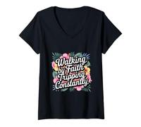Mujer Caminando por la fe tropezando constantemente el humor cristiano Camiseta Cuello V