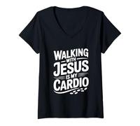 Mujer Caminar con Jesús es mi Entrenamiento Cardiovascular Inspirador Camiseta Cuello V