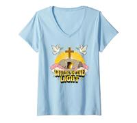 Mujer Caminar en la luz Retro Vintage Dibujos Animados vacío Tumba John 1:7 Camiseta Cuello V