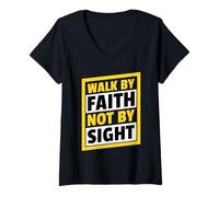 Mujer Caminar por la fe no por la Vista - Escritura tipográfica Cristiana Camiseta Cuello V