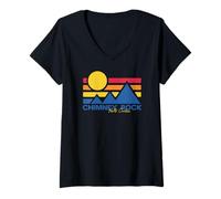 Mujer Caminata Chimenea Rock NC Gorge Retro Blue Ridge Montañas Senderismo Camiseta Cuello V