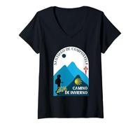 Mujer Camino de Invierno Mujer Caminando Santiago de Compostela 2026 Camiseta Cuello V