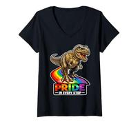 Mujer Camino del Arco Iris de Dinosaurio rugiente Orgullo en Cada Paso Camiseta Cuello V