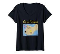 Mujer Camino Portugues 2026 Santiago de Compostela Peregrino Mapa Camiseta Cuello V