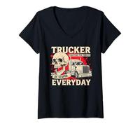 Mujer Camionero de Lucha contra la Estupidez Funny Skull 18 Wheeler Semi Truck Camiseta Cuello V