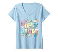 Mujer Camisa a cuadros de primer grado divertida de primera escuela para niños y niñas Camiseta Cuello V