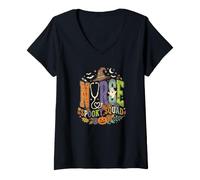 Mujer Camisa artística con Palabras de Spooky Squad Nurse para Halloween, Fantasma y Calabaza Camiseta Cuello V