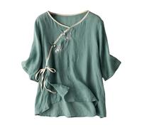 Mujer Camisa Casual de Lino Clásica Oversize Ligero Túnica Transpirable Cómodo Elegante Casual Blusa Moda Vintage Manga Corta Camiseta Tees Playa Color Sólido Trabajo Vacaciones Camiseta, turquesa, XL