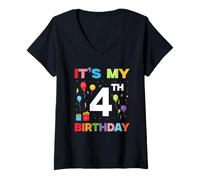 Mujer Camisa de 4 cumpleaños para niños o niñas It's My 4th Birthday Camiseta Cuello V