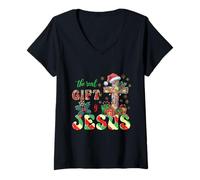 Mujer Camisa de Cruz de Navidad de Jesús La verdadera Navidad Religiosa Camiseta Cuello V