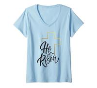 Mujer Camisa de Pascua Feliz con Texto en inglés He Is Risen Jesus Cross Scripture Matthew Camiseta Cuello V
