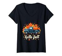 Mujer Camisa Hello Fall Divertida para Halloween, diseño de Calabaza y búfalo a Cuadros Camiseta Cuello V