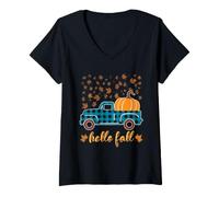 Mujer Camisa Hello Fall Divertida para Halloween, diseño de Calabaza y búfalo a Cuadros Camiseta Cuello V