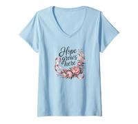 Mujer Camisa Hope Grows Here - Camiseta Floral para concienciación sobre el cáncer de Mama Camiseta Cuello V