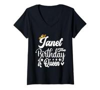 Mujer Camisa Janet The Birthday Queen Happy Birthday para Mujer Camiseta Cuello V