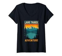 Mujer Camisa Lake Tahoe Escape, estilo retro, cabina de esquí de invierno en Sierra Nevada Camiseta Cuello V