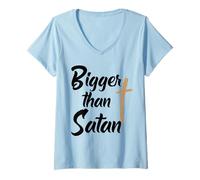 Mujer Camisa más Grande Que Satanás Divertida antisatánica creyentes de Dios Camiseta Cuello V