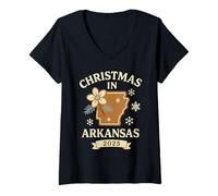 Mujer Camisa navideña de Arkansas con diseño de Copo de Nieve de Pino y Galleta 2025 Camiseta Cuello V