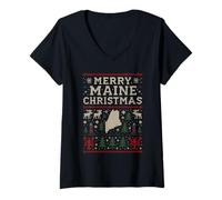 Mujer Camisa navideña de Merry Maine Ugly Sweater ME Lobster Moose Camiseta Cuello V