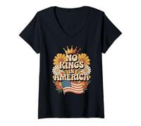 Mujer Camisa retro floral de los años 70 para mujer No King In American Democracy Camiseta Cuello V