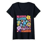 Mujer Camisa retro floral de los años 70 para mujer No King In American Democracy Camiseta Cuello V