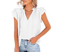 Mujer Camiseta 2026 Casual Tops de Mujer Con Cuello en V, Volantes, Camisa Flutter, Mangas Alas, Algodón Manga Corta Jersey Amarillo, Blanco, S