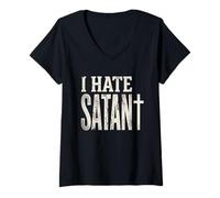 Mujer Camiseta Anti Satanás Divertida Cristiana Jesús Dios Iglesia Camiseta Cuello V