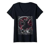 Mujer Camiseta artística de Terror gótico Oscuro de Grim Reaper Scythe Fallen Angels Camiseta Cuello V