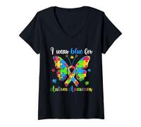 Mujer Camiseta azul para concientizar sobre el autismo, divertido rompecabezas de mariposas Camiseta Cuello V
