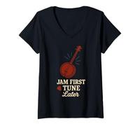Mujer Camiseta Bluegrass Jam Banjo Picker para músicos folclóricos, Banda de Cuerdas Camiseta Cuello V