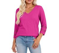 Mujer Camiseta Blusa Manga 3/4 con Cuello de Pico Top Elegante Tops Camisa de Verano Ligera Camisa de Verano Camisa de Manga Corta Suelta Algodón Casual Camisetas, rojo, M