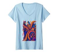 Mujer Camiseta con Gatos Estilo Mid-Century Modern años 50 60 Camiseta Cuello V