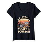 Mujer Camiseta con Texto en inglés Fácilmente distraído por cigarro - Funny Bourboun Dad Camiseta Cuello V