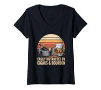 Mujer Camiseta con Texto en inglés Fácilmente distraído por cigarro - Funny Bourboun Dad Camiseta Cuello V