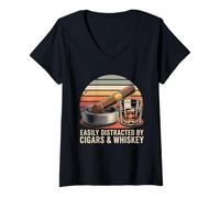 Mujer Camiseta con Texto en inglés Fácilmente distraído por cigarro - Funny Whiskey Camiseta Cuello V