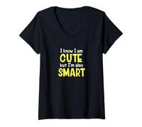 Mujer Camiseta con texto en inglés "I Know I Am Cute But I'm Also Smart" para niñas Camiseta Cuello V