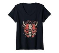 Mujer Camiseta Cyber Samurai Máscara De Demonio Japonés Camiseta Cuello V