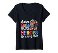 Mujer Camiseta de Autismo para mamá, para Adultos, moño desordenado, Conciencia sobre el Autismo Camiseta Cuello V